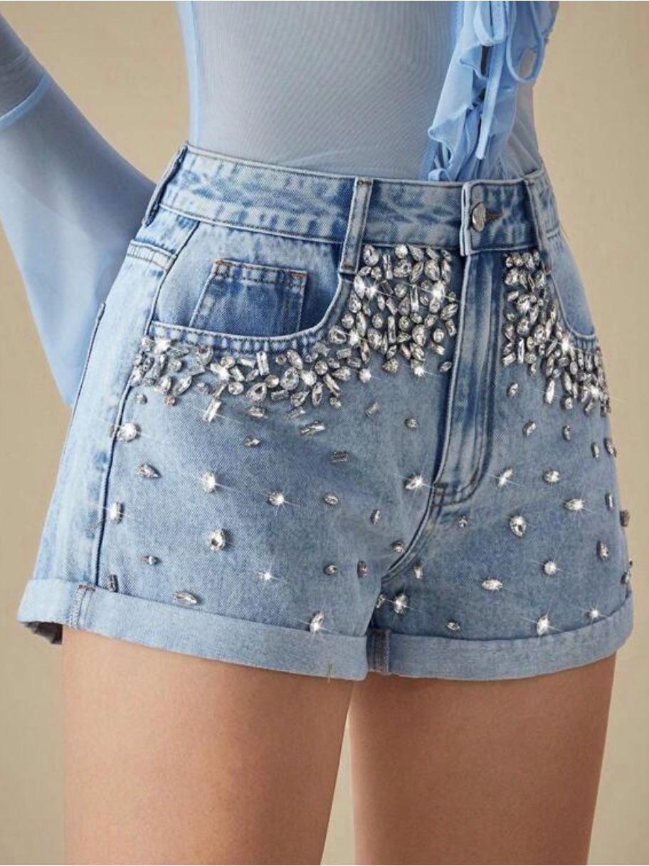 Embellished Rhinestone Light Blue Denim Shorts